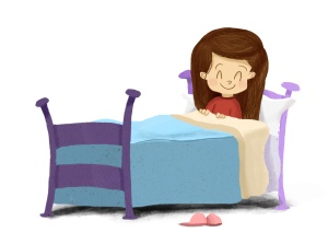 Dibujo de una nia en la cama preparada para dormir, es de noche, se est tapando con una manta mientras sonrie